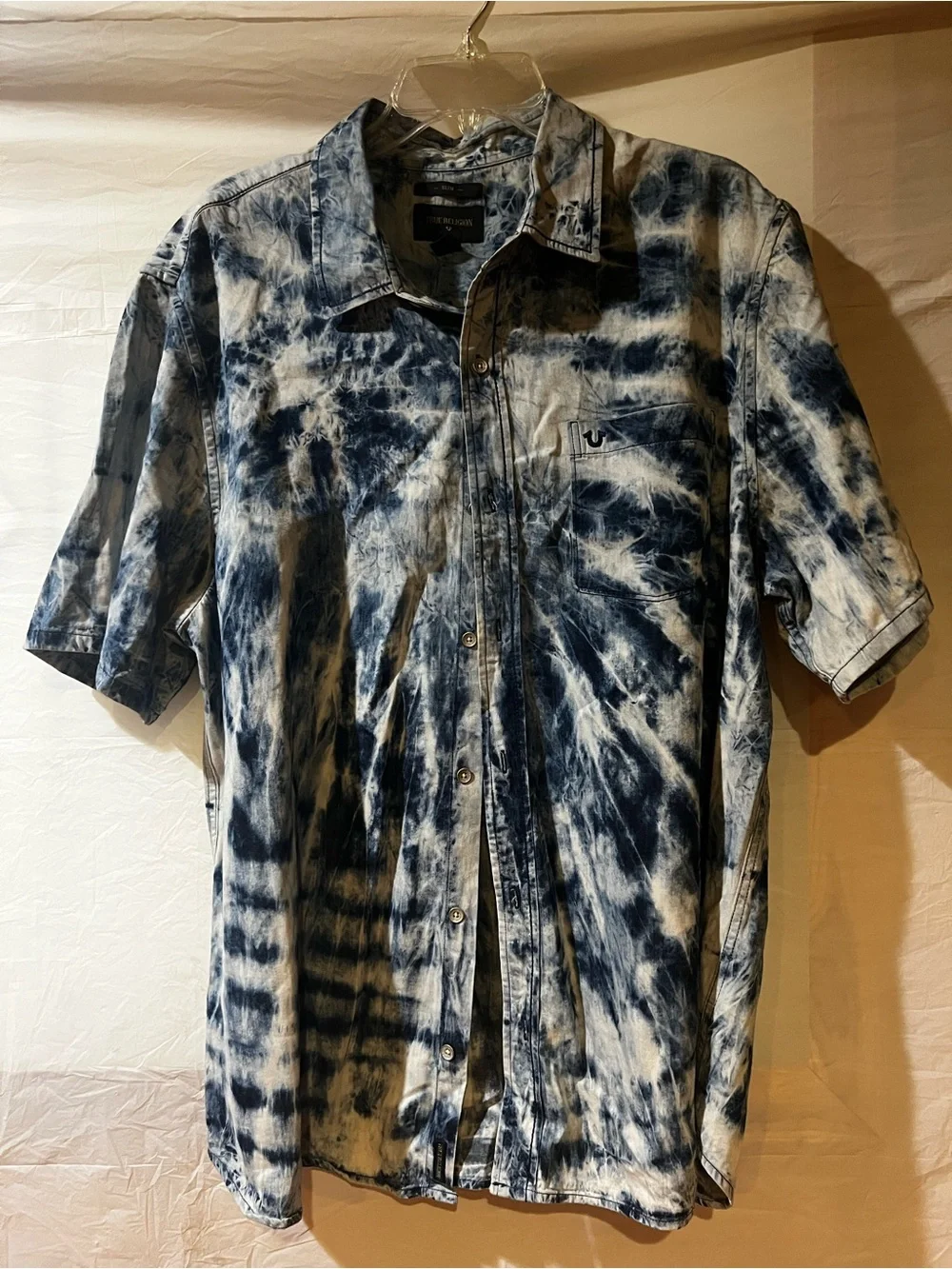 True Religion Blue and White Tie-Dye Short Sleeve Button-Up Shirt